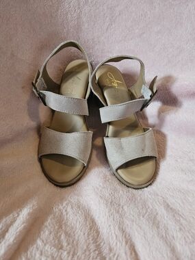 Neutral Suede Wedge Sandals with Ankle Strap